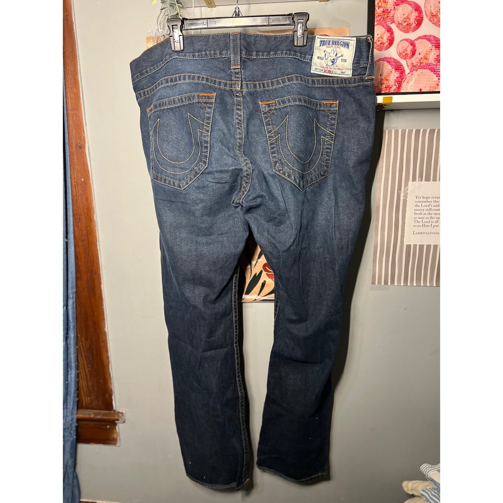 True Religion Skinny Jeans Mens 42x34 Dark Wash Denim Horseshoe Logo Blue - Picture 3 of 6